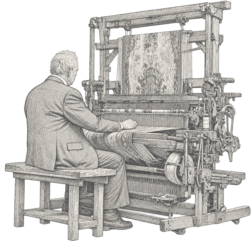 An engraving of a weaver at a loom, threads passing through the heddle